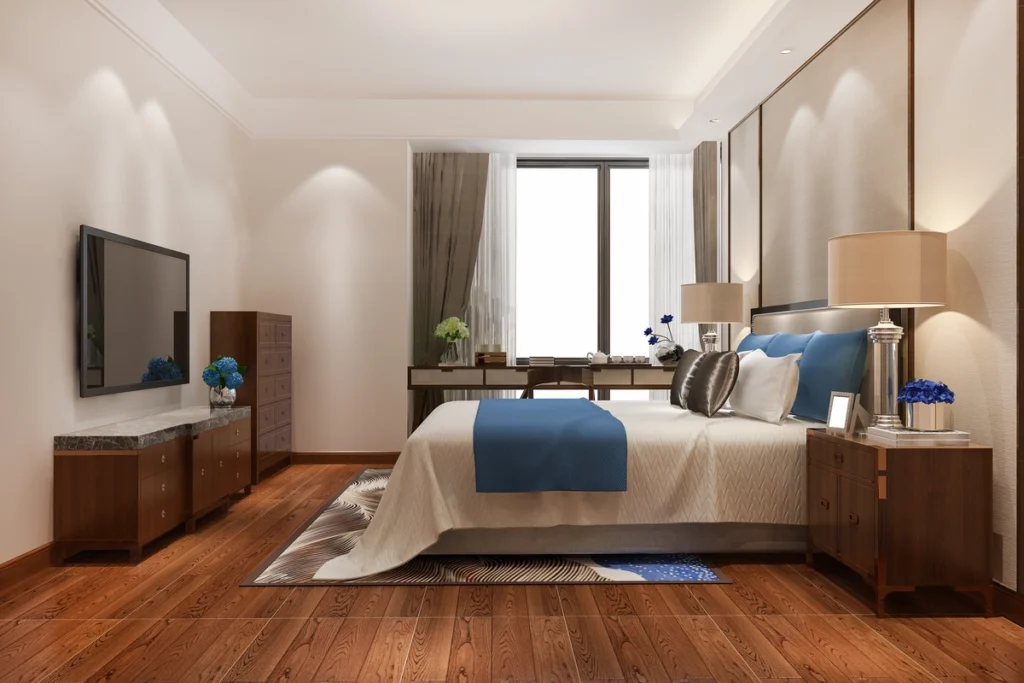 3d rendering beautiful luxury bedroom suite hotel with tv
